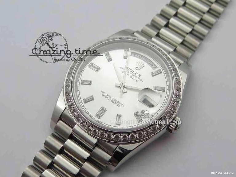 0126 TechFriendly Day Date 40mm SS BP Maker Best Edition Diamond Bezel Silver Dial On SS Bracelet ETA 3696